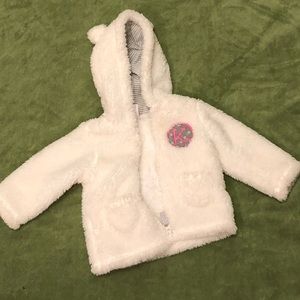Girls fuzzy hooded jacket with K monogram 9mo